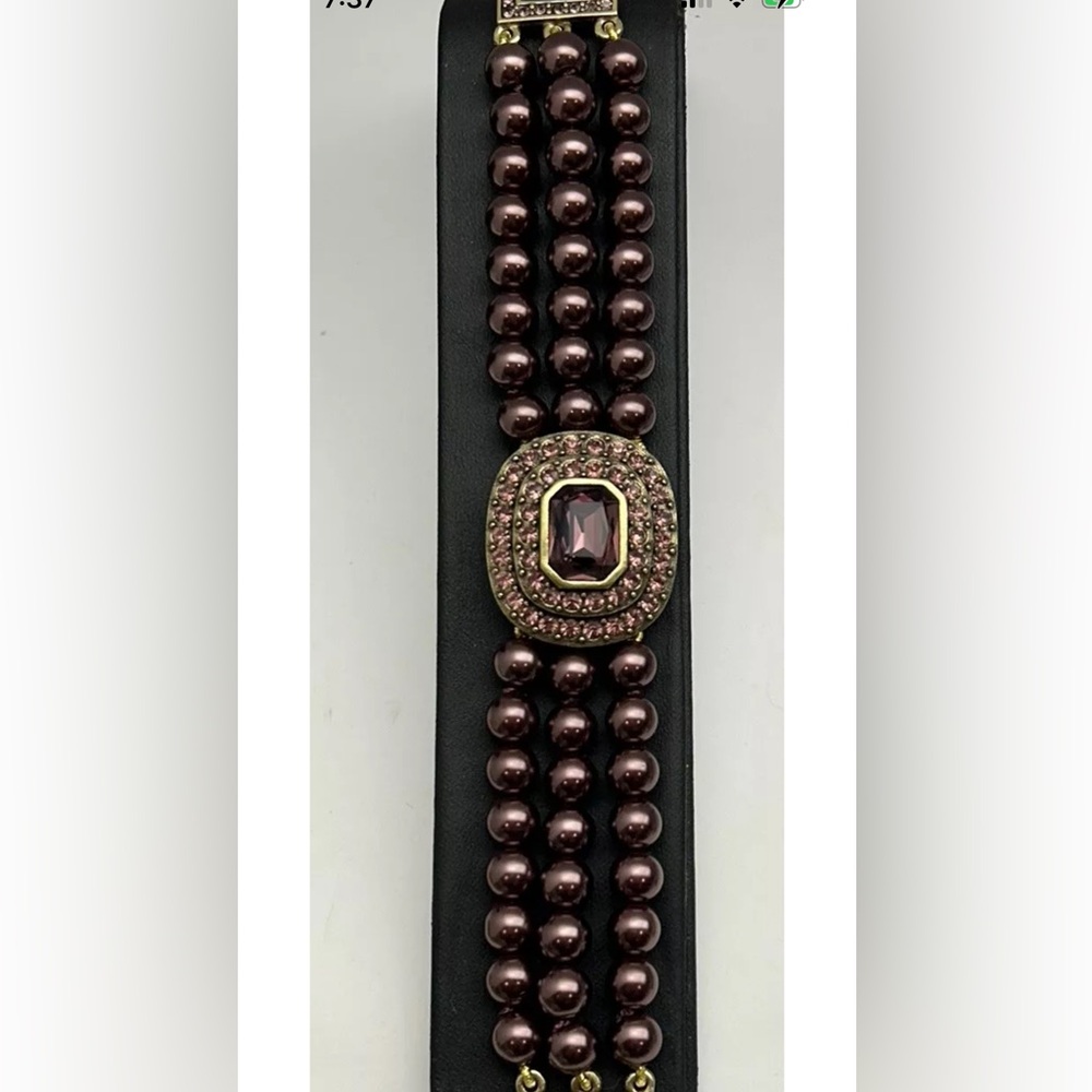 Heidi Daus “Tailored to Please” 3 strand  plum faux pearl and crystal bracelet
